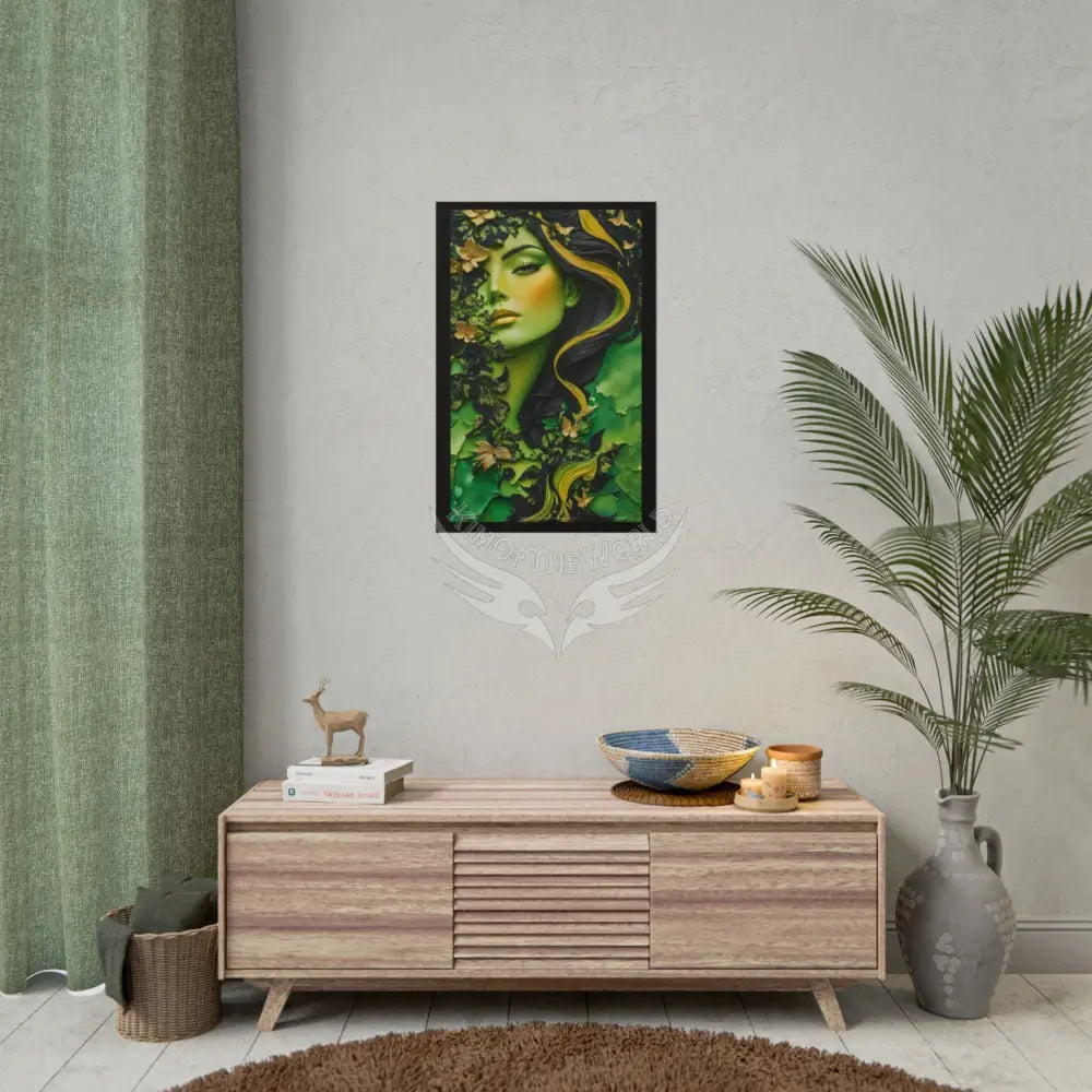 3D Green and Gold Foil Leaf Woman Lady Poster — Nature-Inspired Rolled Framable Print green and gold motif Poster