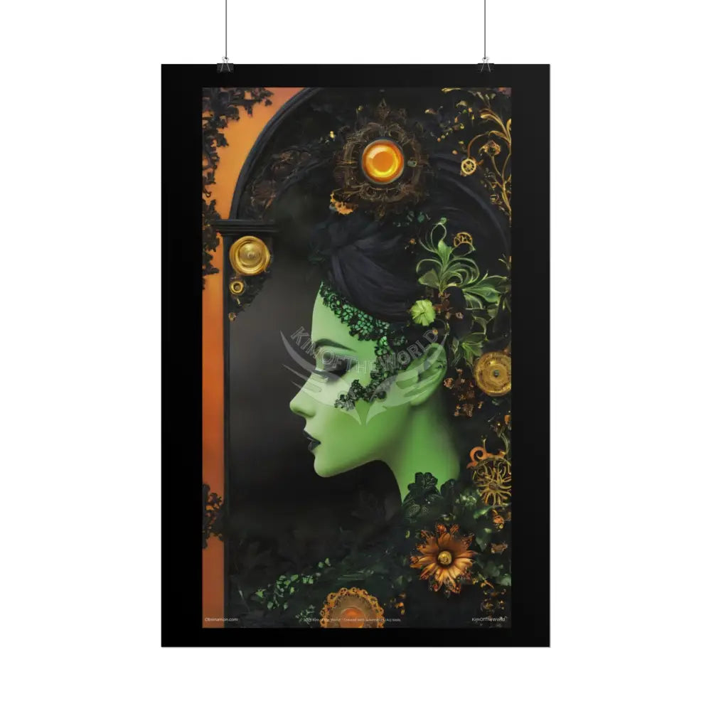 3D Green and Gold Foil Leaf Woman Lady Poster — Nature-Inspired Rolled Framable Print green and gold motif Poster