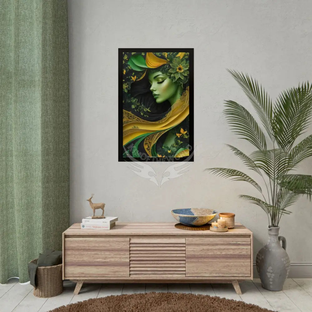 3D Green and Gold Foil Leaf Woman Lady Poster — Nature-Inspired Rolled Framable Print green and gold motif Poster