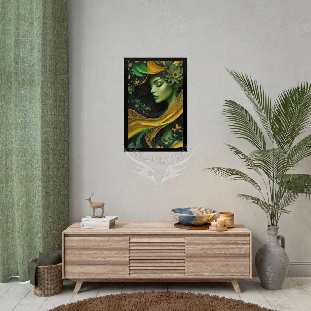 3D Green and Gold Foil Leaf Woman Lady Poster — Nature-Inspired Rolled Framable Print green and gold motif Poster