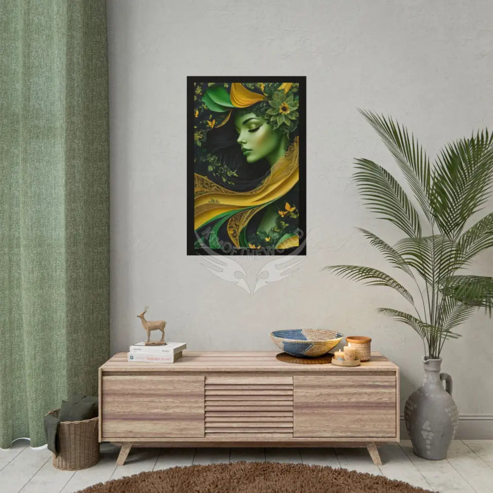 3D Green and Gold Foil Leaf Woman Lady Poster — Nature-Inspired Rolled Framable Print green and gold motif Poster