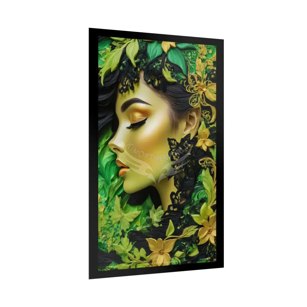 3D Green and Gold Foil Leaf Woman Lady Poster — Nature-Inspired Rolled Framable Print green and gold motif Poster