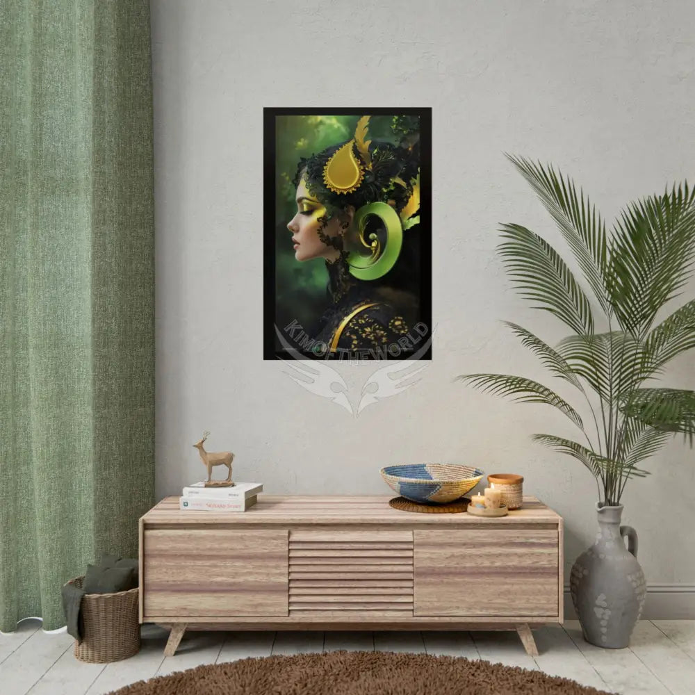 3D Green and Gold Foil Leaf Woman Lady Poster — Nature-Inspired Rolled Framable Print green and gold motif Poster