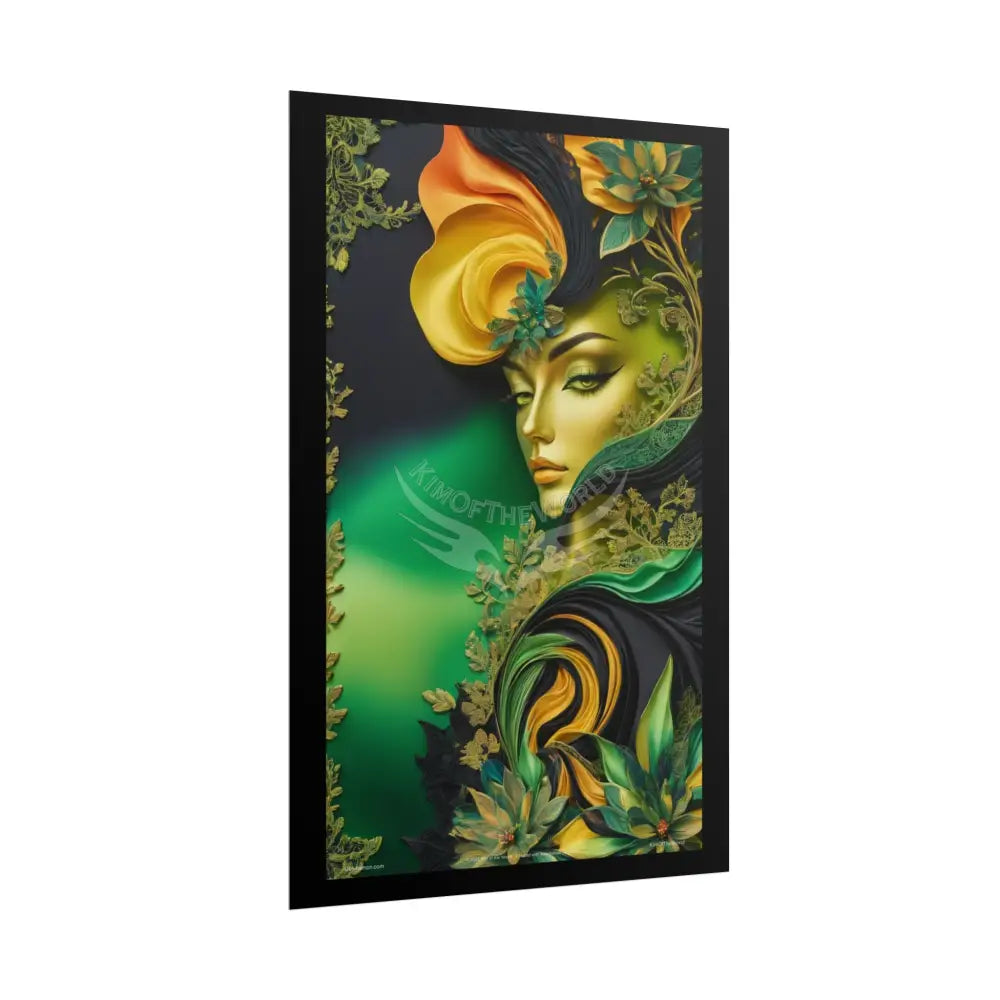 3D Green and Gold Foil Leaf Woman Lady Poster — Nature-Inspired Rolled Framable Print green and gold motif Poster