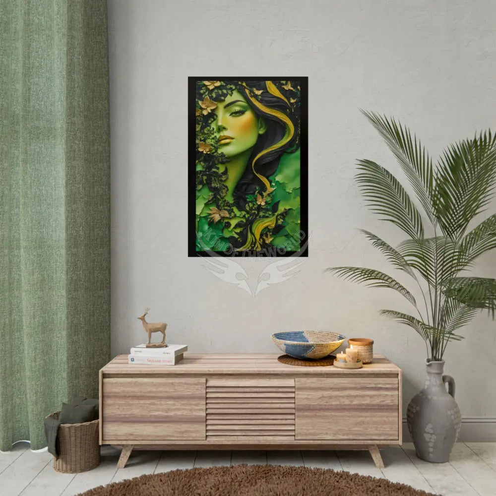 3D Green and Gold Foil Leaf Woman Lady Poster — Nature-Inspired Rolled Framable Print green and gold motif Poster