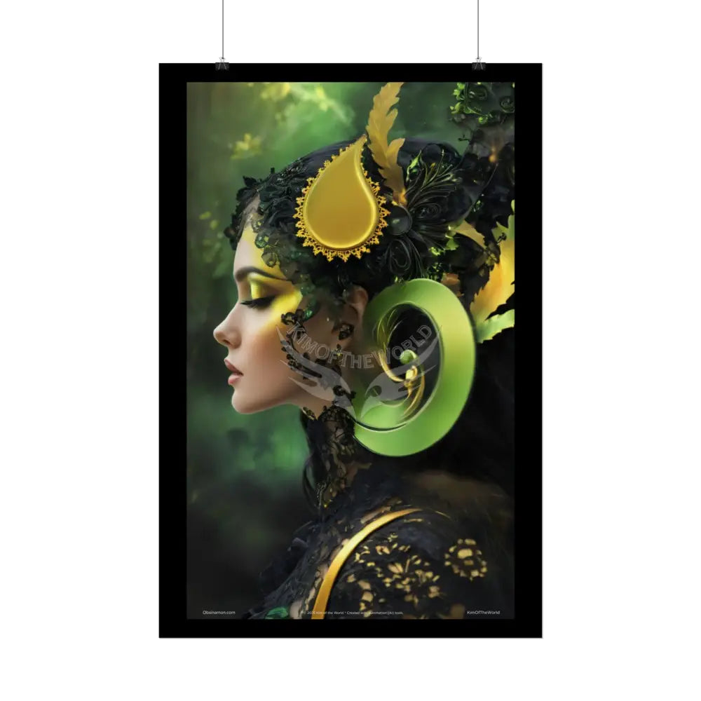 3D Green and Gold Foil Leaf Woman Lady Poster — Nature-Inspired Rolled Framable Print green and gold motif Poster