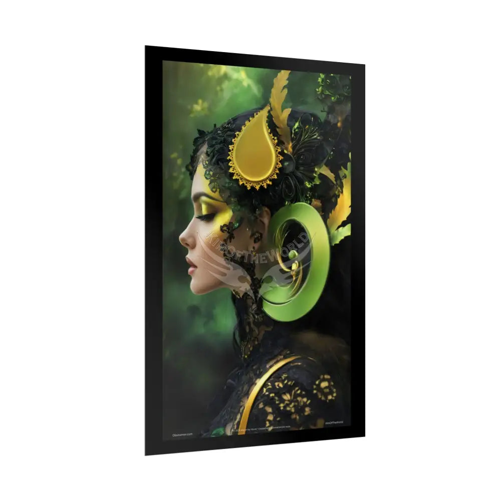 3D Green and Gold Foil Leaf Woman Lady Poster — Nature-Inspired Rolled Framable Print green and gold motif Poster