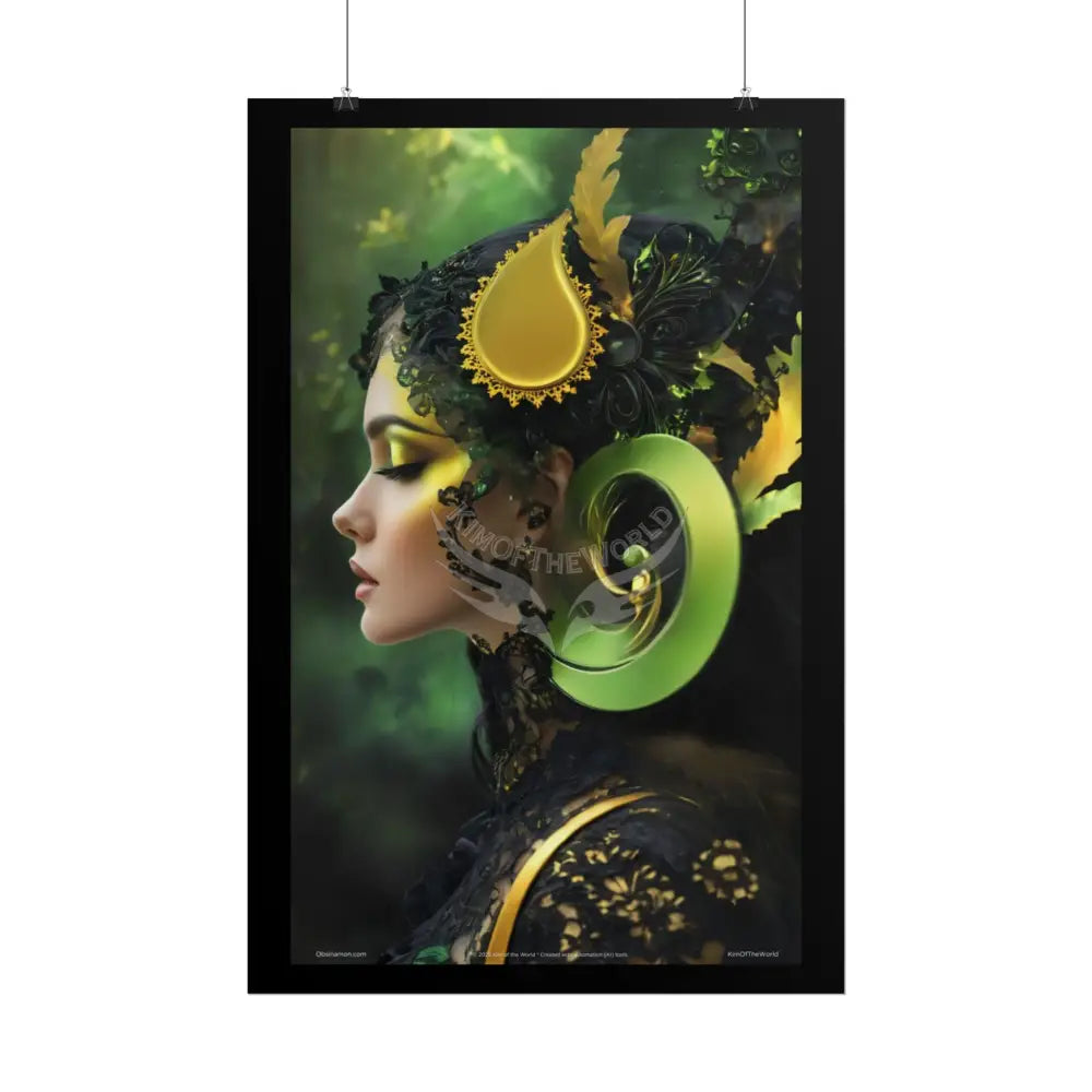 3D Green and Gold Foil Leaf Woman Lady Poster — Nature-Inspired Rolled Framable Print green and gold motif Poster
