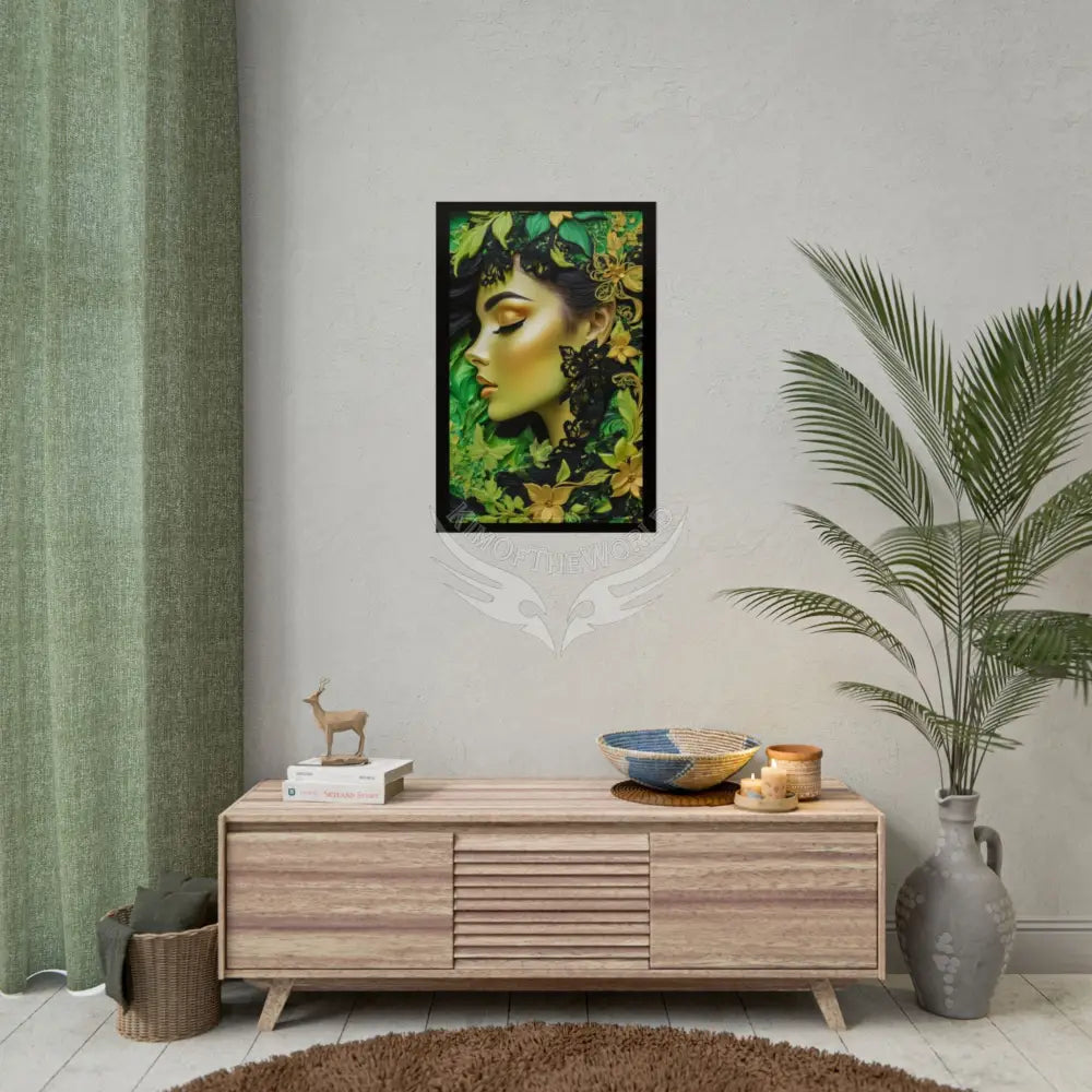 3D Green and Gold Foil Leaf Woman Lady Poster — Nature-Inspired Rolled Framable Print green and gold motif Poster