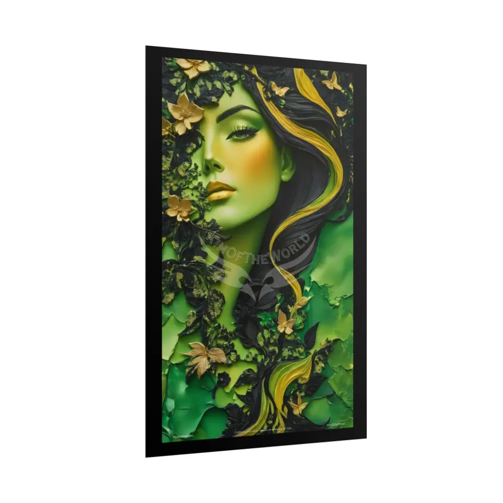 3D Green and Gold Foil Leaf Woman Lady Poster — Nature-Inspired Rolled Framable Print green and gold motif Poster