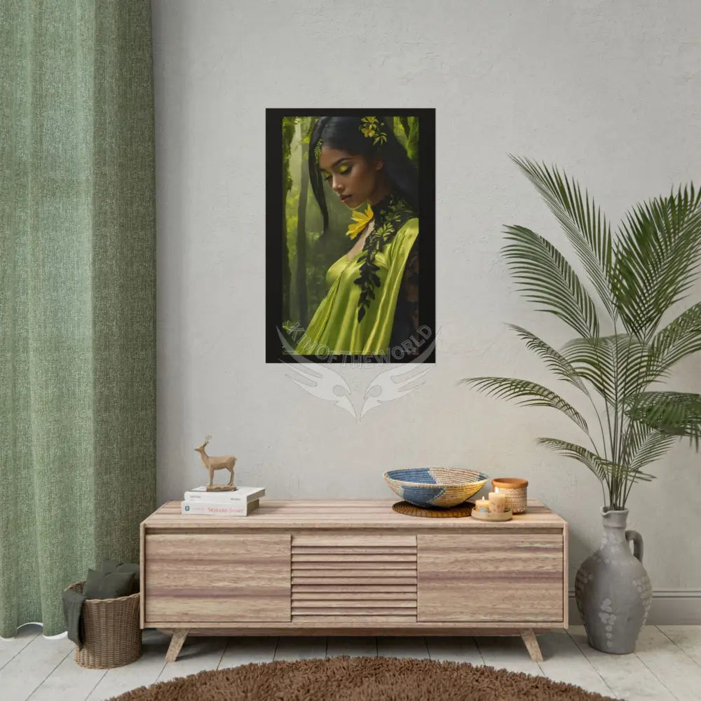 3D Green and Gold Foil Leaf Woman Lady Poster — Nature-Inspired Rolled Framable Print green and gold motif Poster