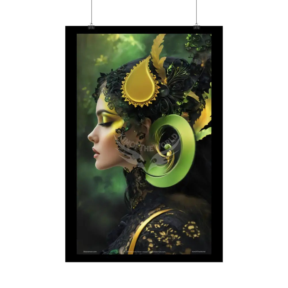 3D Green and Gold Foil Leaf Woman Lady Poster — Nature-Inspired Rolled Framable Print green and gold motif Poster