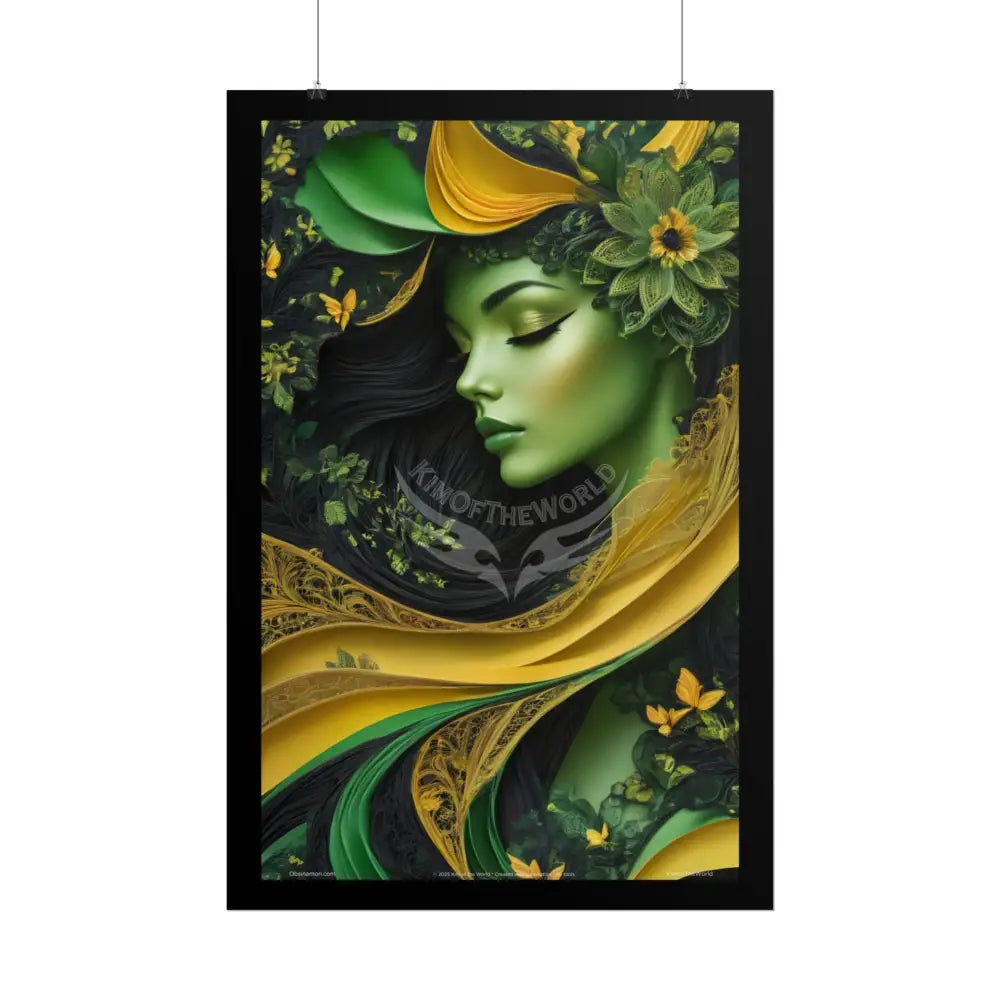 3D Green and Gold Foil Leaf Woman Lady Poster — Nature-Inspired Rolled Framable Print green and gold motif Poster