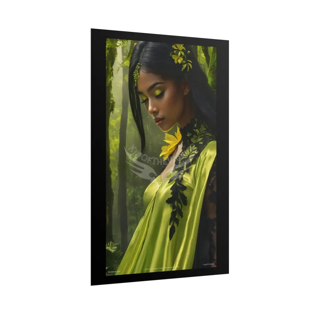 3D Green and Gold Foil Leaf Woman Lady Poster — Nature-Inspired Rolled Framable Print green and gold motif Poster