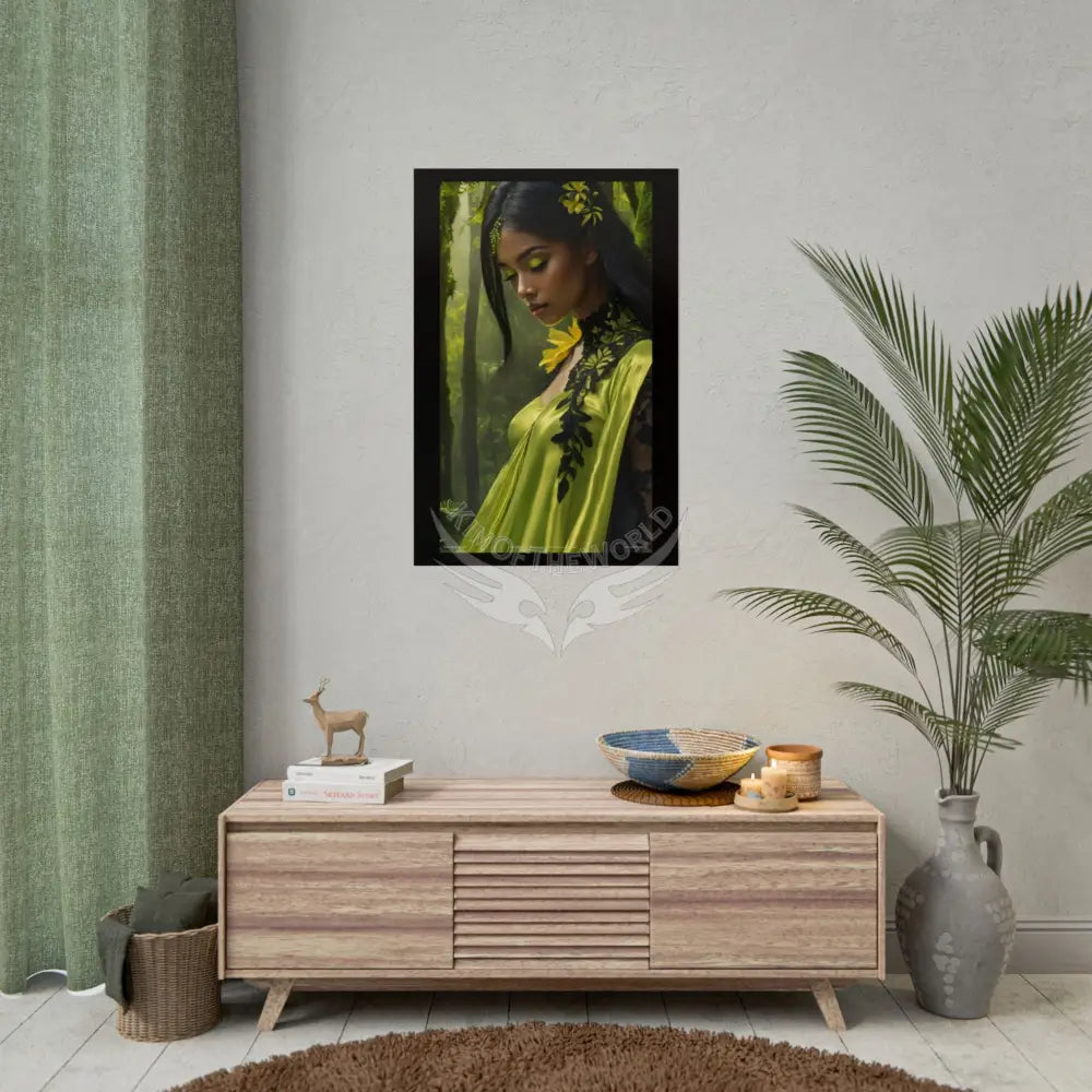 3D Green and Gold Foil Leaf Woman Lady Poster — Nature-Inspired Rolled Framable Print green and gold motif Poster