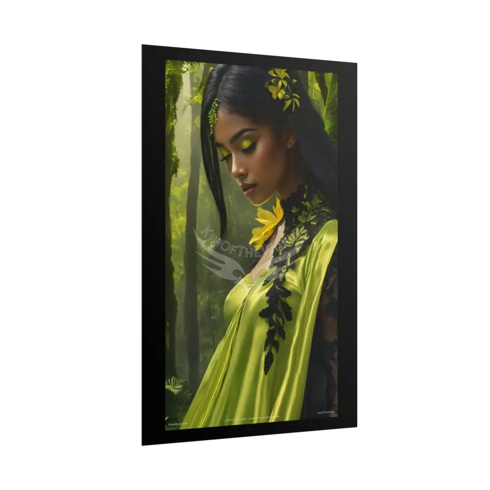 3D Green and Gold Foil Leaf Woman Lady Poster — Nature-Inspired Rolled Framable Print green and gold motif Poster