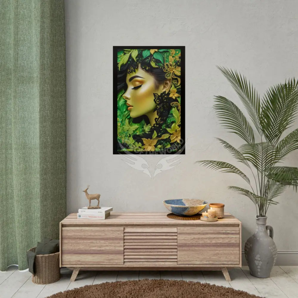 3D Green and Gold Foil Leaf Woman Lady Poster — Nature-Inspired Rolled Framable Print green and gold motif Poster