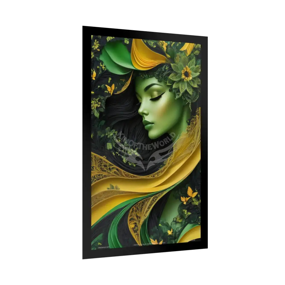 3D Green and Gold Foil Leaf Woman Lady Poster — Nature-Inspired Rolled Framable Print green and gold motif Poster