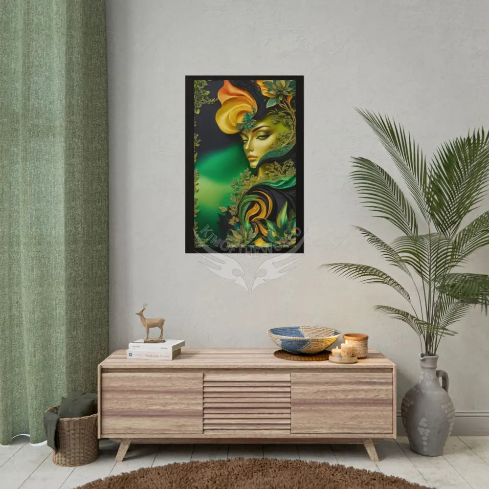 3D Green and Gold Foil Leaf Woman Lady Poster — Nature-Inspired Rolled Framable Print green and gold motif Poster