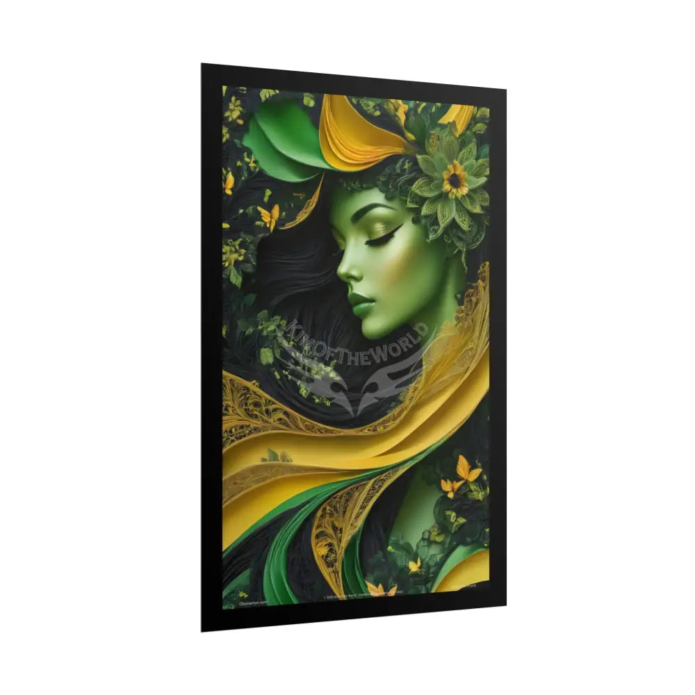 3D Green and Gold Foil Leaf Woman Lady Poster — Nature-Inspired Rolled Framable Print green and gold motif Poster