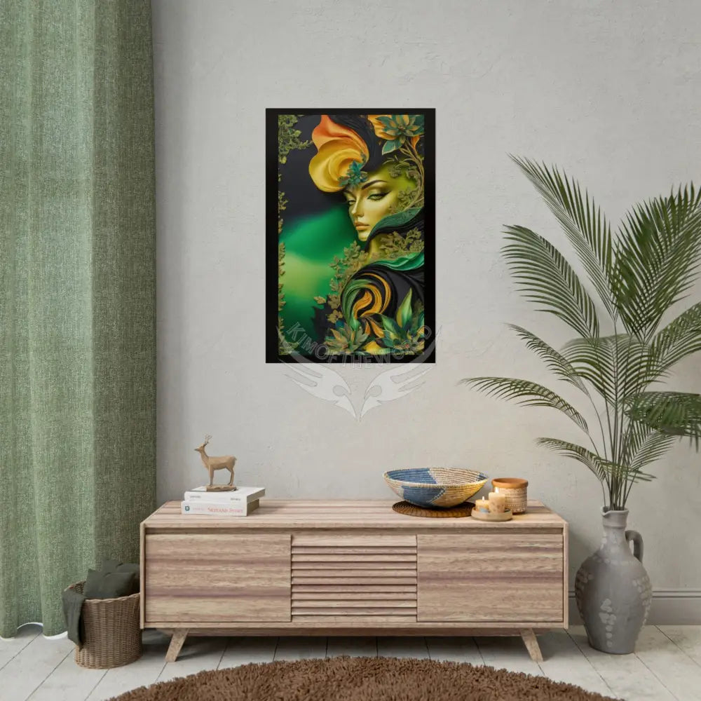 3D Green and Gold Foil Leaf Woman Lady Poster — Nature-Inspired Rolled Framable Print green and gold motif Poster