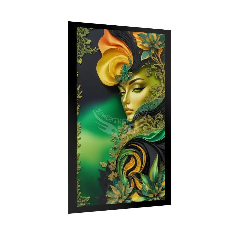 3D Green and Gold Foil Leaf Woman Lady Poster — Nature-Inspired Rolled Framable Print green and gold motif Poster
