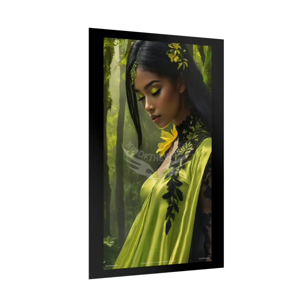 3D Green and Gold Foil Leaf Woman Lady Poster — Nature-Inspired Rolled Framable Print green and gold motif Poster