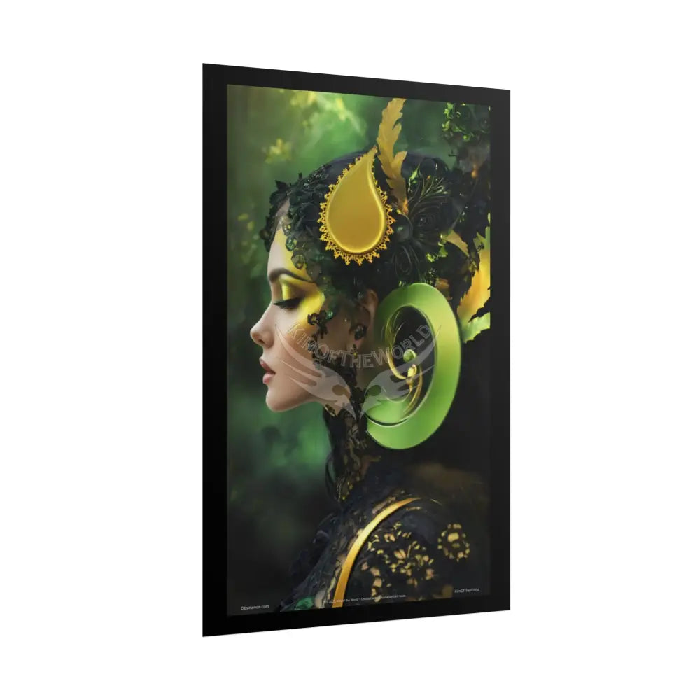 3D Green and Gold Foil Leaf Woman Lady Poster — Nature-Inspired Rolled Framable Print green and gold motif Poster