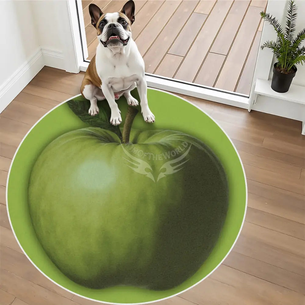 3D Green Apple Soft Round Area Rug with White Border Rugs & Mats