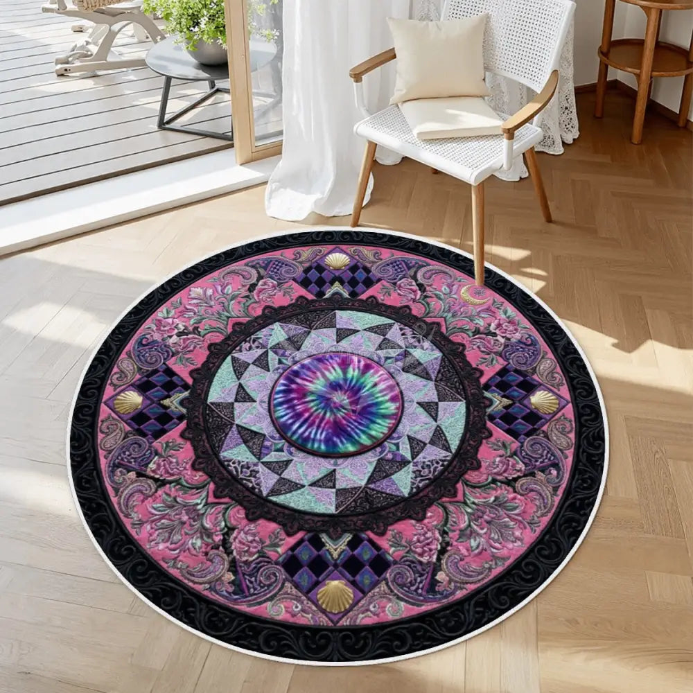 3D Inner Tie Dye Design Multicolor Soft Round Area Rug with White Border 39.4’’x39.4’’ Rugs & Mats