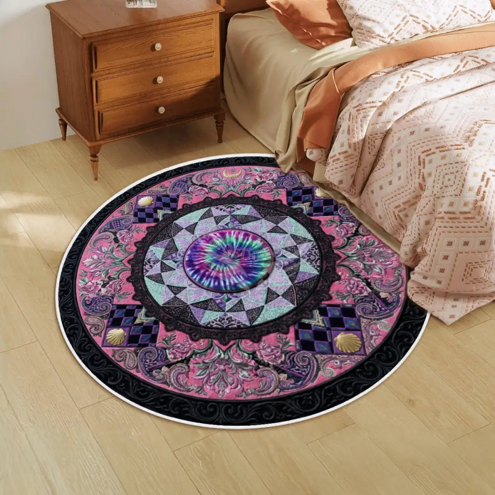 3D Inner Tie Dye Design Multicolor Soft Round Area Rug with White Border Rugs & Mats