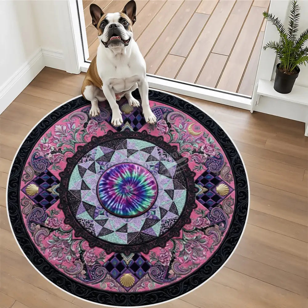 3D Inner Tie Dye Design Multicolor Soft Round Area Rug with White Border Rugs & Mats