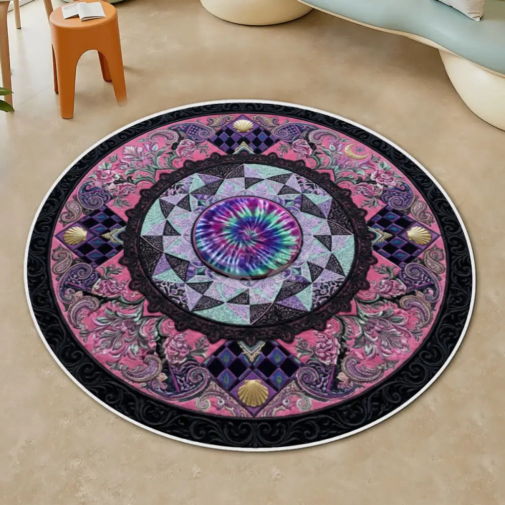 3D Inner Tie Dye Design Multicolor Soft Round Area Rug with White Border Rugs & Mats
