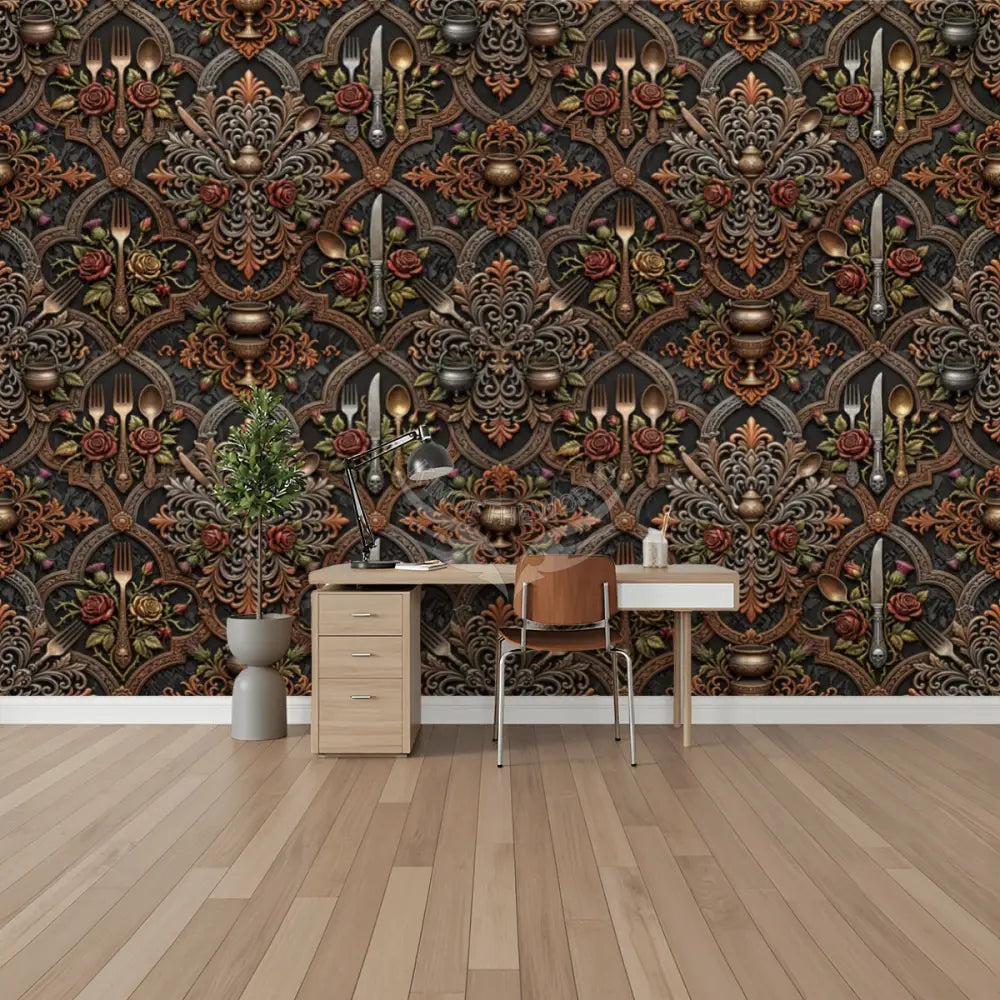 3D Kitchen Utensil Giant Earth Tone Unpasted Mural Wallpaper 144’’x100’’ 144’’x100’’ Wall Coverings