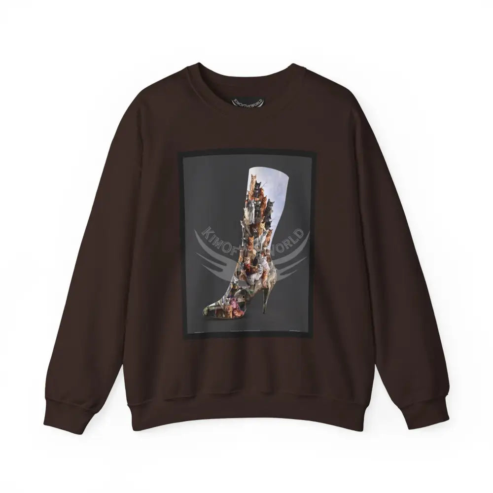 3D Kitty Cat Stiletto Boot Fantasy Signature Design Sweatshirt — Tall Giantess Fetish Art Crewneck Dark Chocolate / S