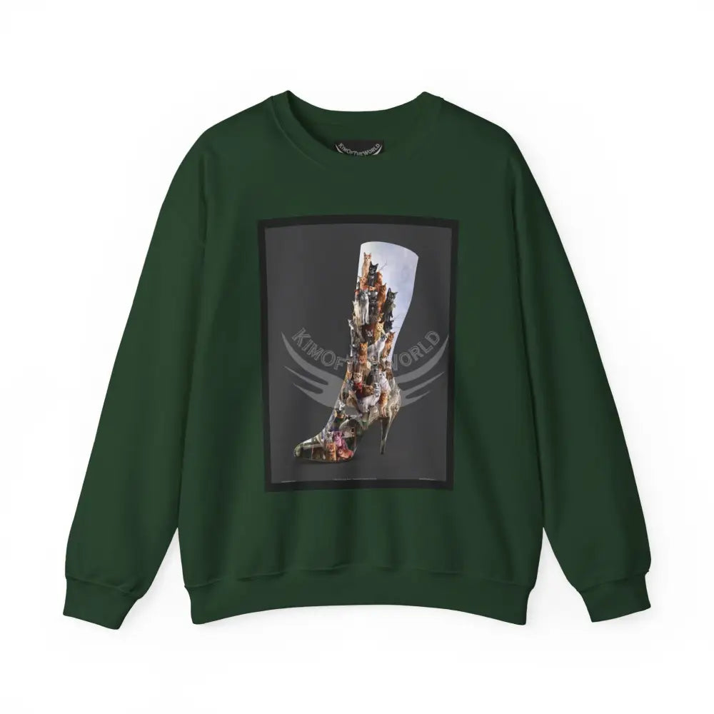 3D Kitty Cat Stiletto Boot Fantasy Signature Design Sweatshirt — Tall Giantess Fetish Art Crewneck Forest Green / S