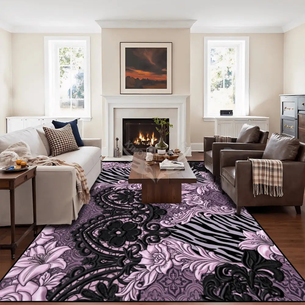 3D Light Pink & Black Floral & Animal Prints Lace Design Large Area Rug Floor Carpet 10 ft x 8 ft 120’’x96’’ Rugs & Mats
