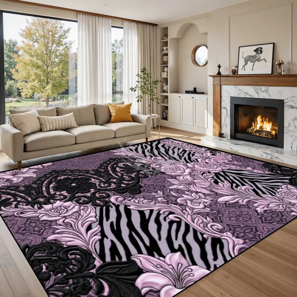 3D Light Pink & Black Floral & Animal Prints Lace Design Large Area Rug Floor Carpet 10 ft x 8 ft 120’’x96’’ Rugs & Mats