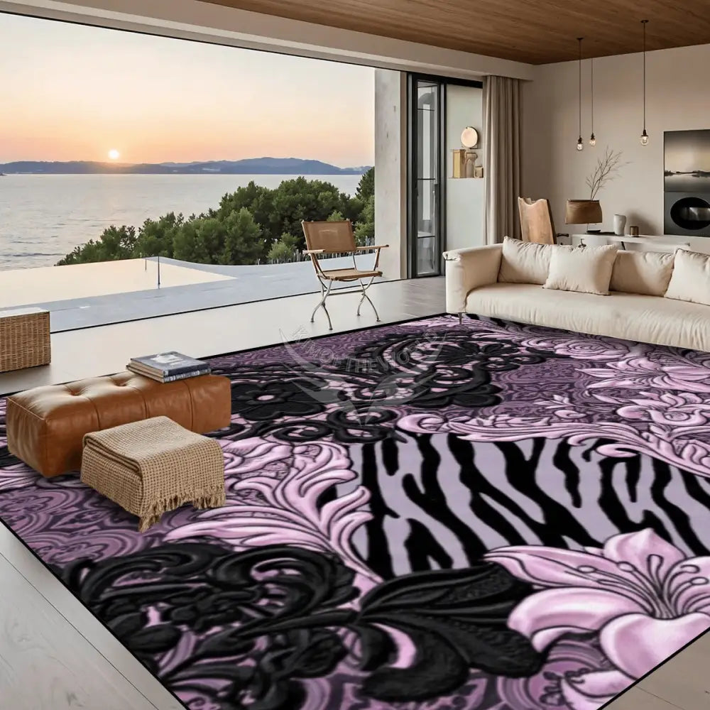 3D Light Pink & Black Floral & Animal Prints Lace Design Large Area Rug Floor Carpet 10 ft x 8 ft 120’’x96’’ Rugs & Mats