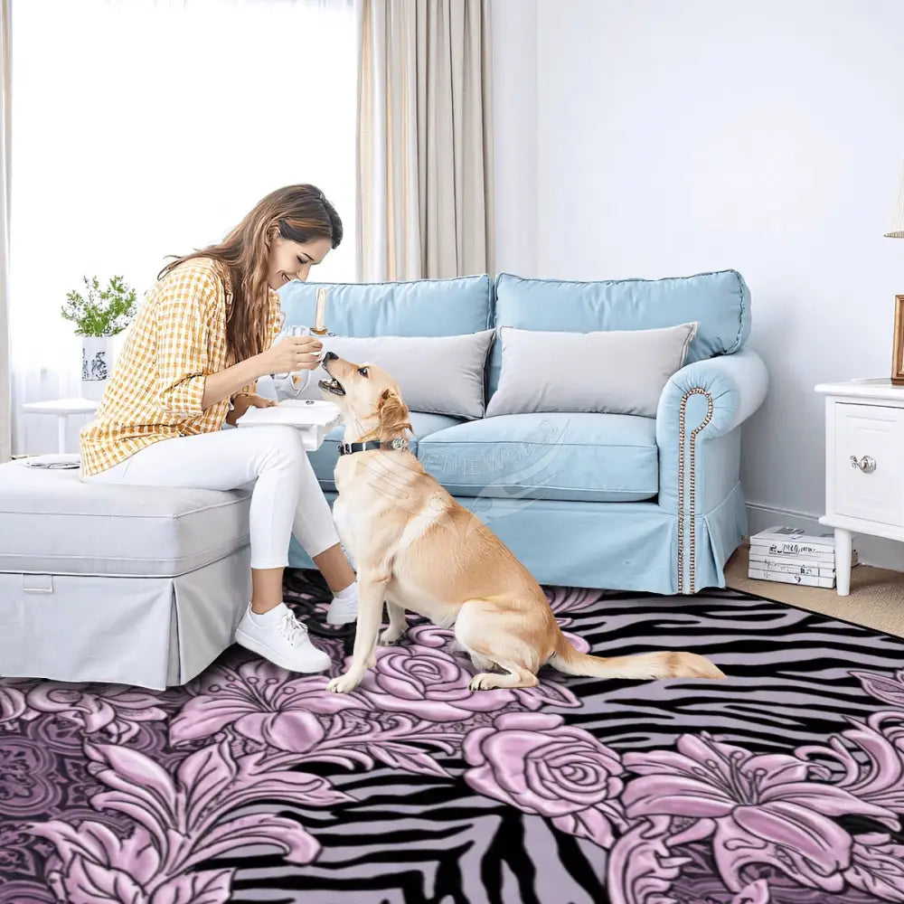 3D Light Pink & Black Floral & Animal Prints Lace Design Large Area Rug Floor Carpet 10 ft x 8 ft 120’’x96’’ Rugs & Mats