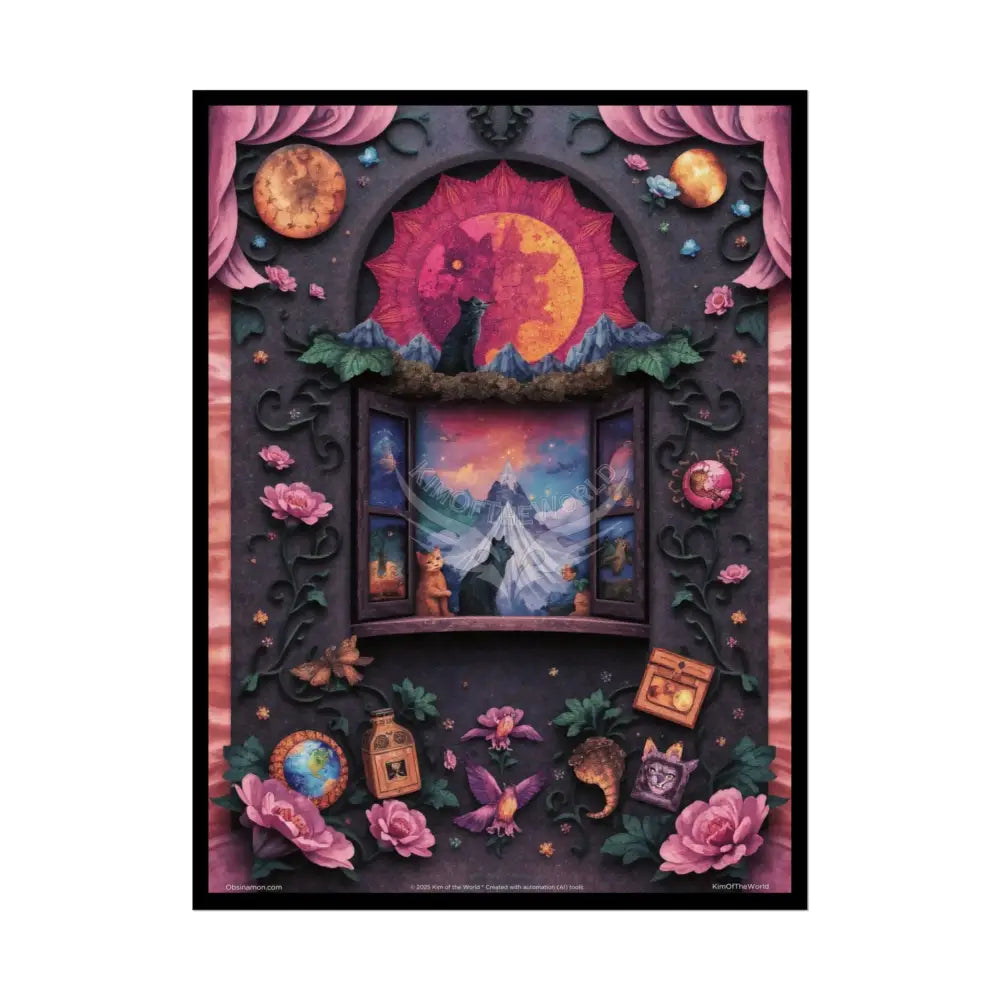 3D Magical Kitty Car Magic MulitVerse Pop-Out Black Matte Moon & Sun Scenic Prints 18″ x 24″ (Vertical) / Semi Glossy