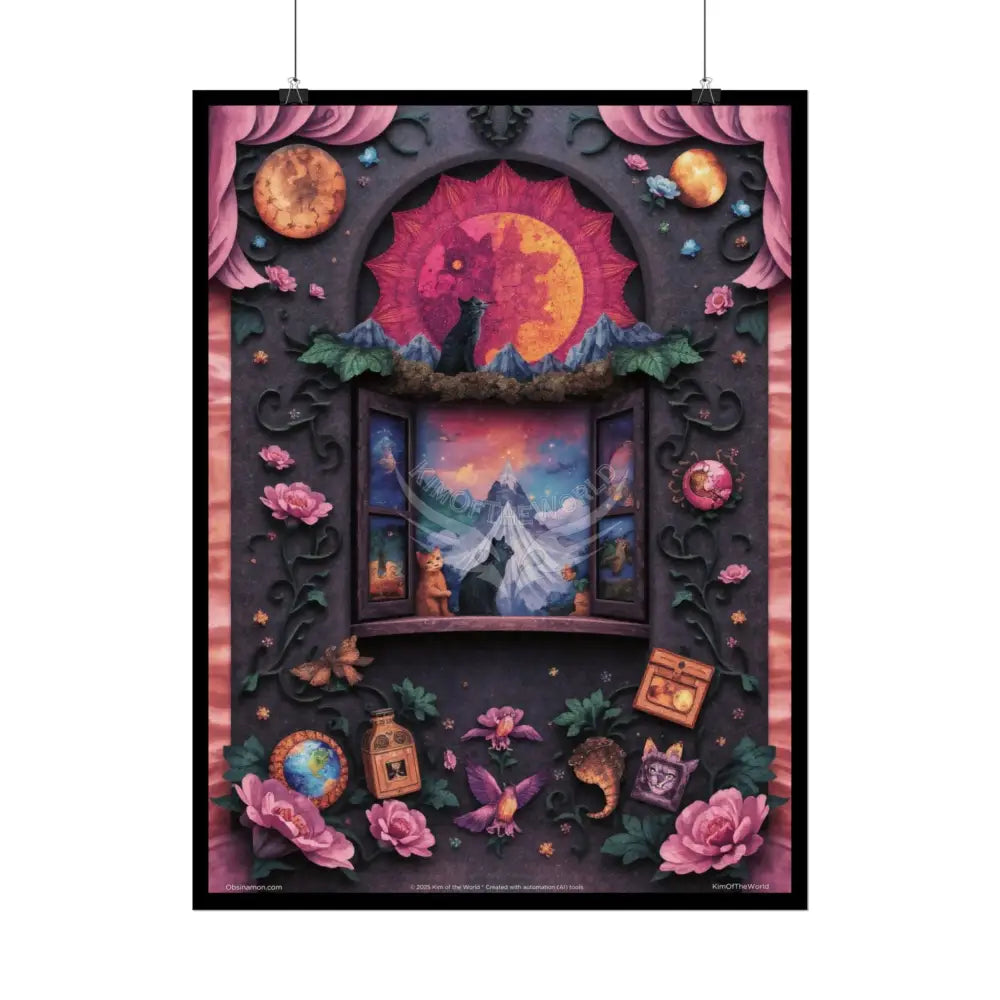 3D Magical Kitty Car Magic MulitVerse Pop-Out Black Matte Moon & Sun Scenic Prints Poster