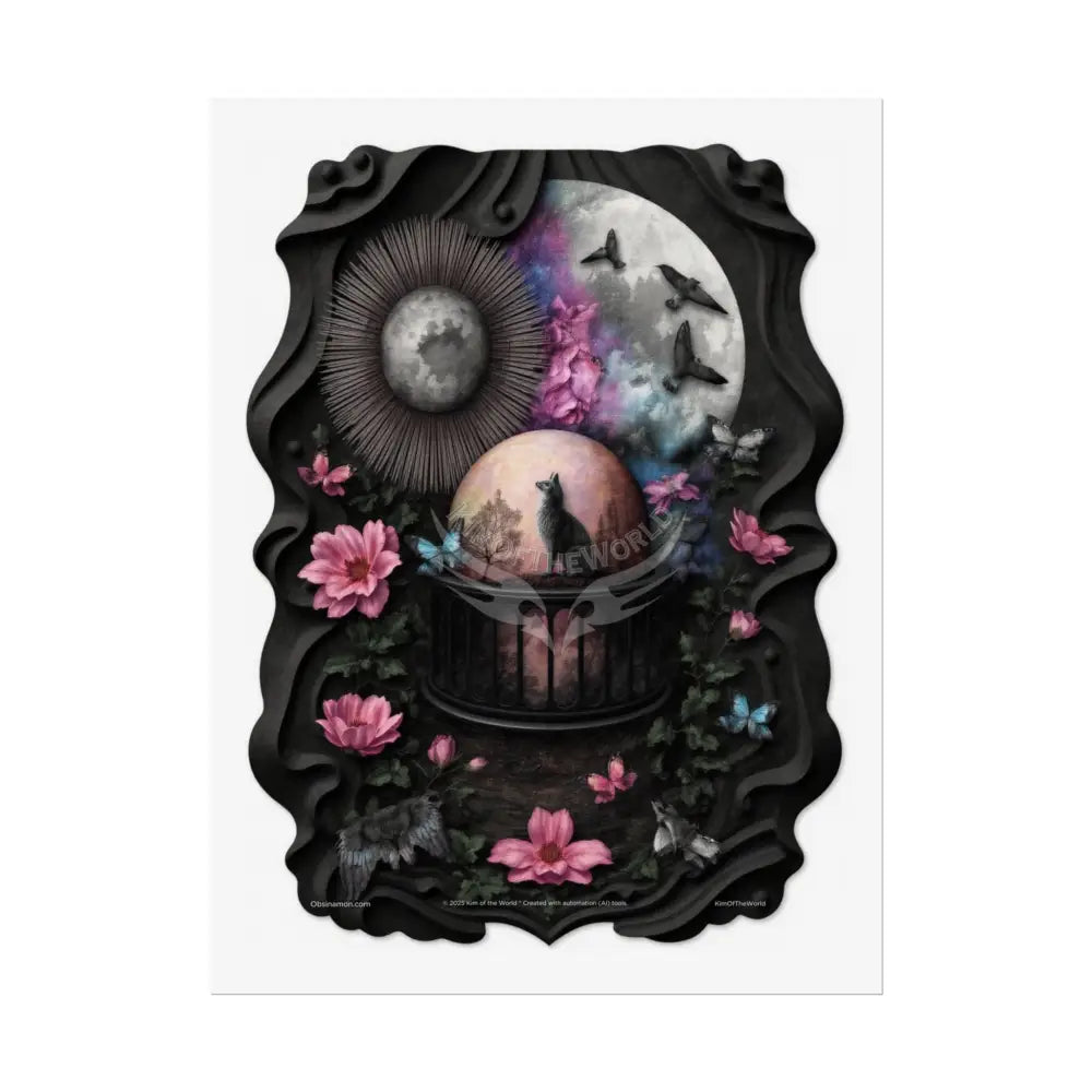 3D Magical Kitty Cat Dreams Magic MulitVerse Pop-Out Black Matte Moon & Sun Scenic Prints 18″ x 24″ (Vertical) / Semi