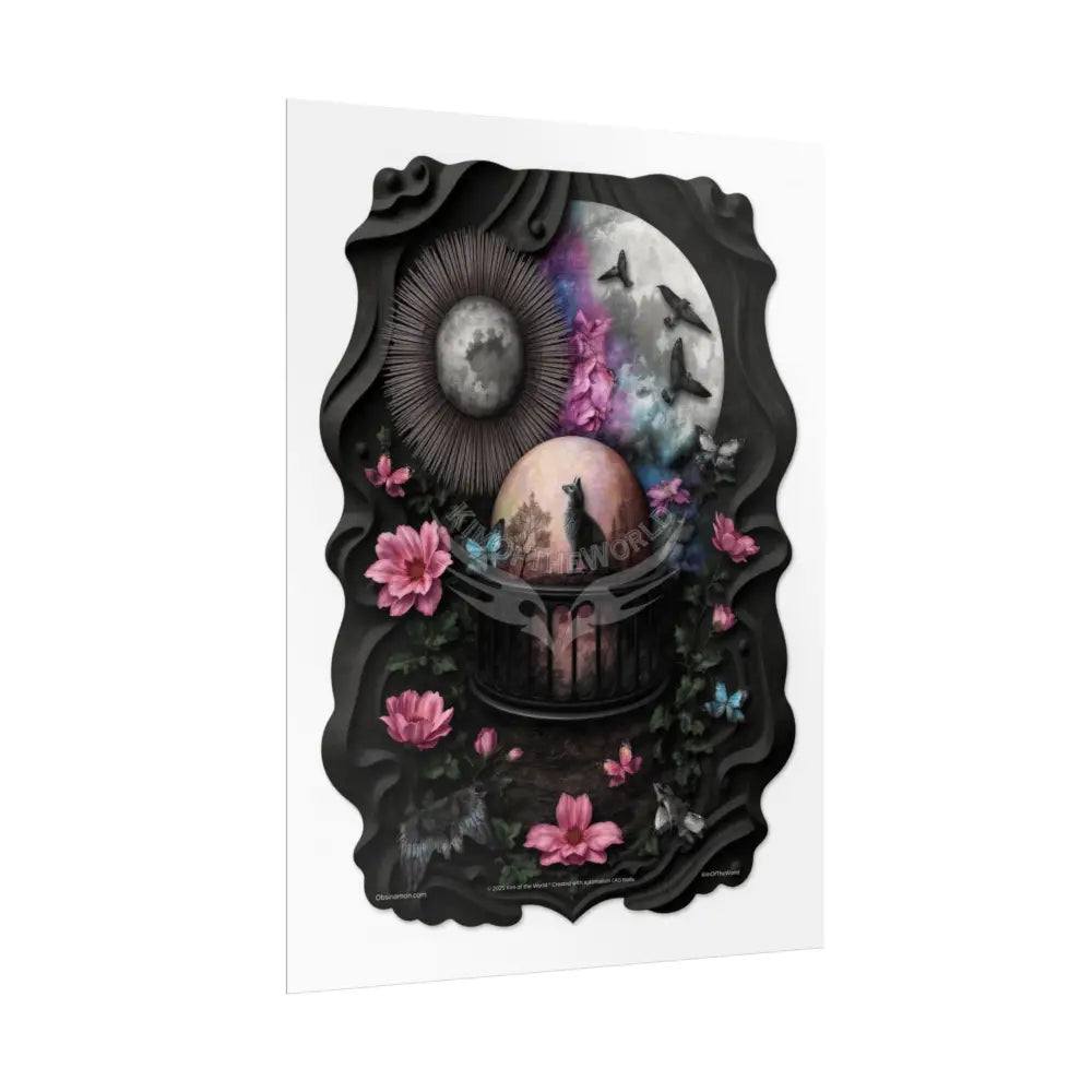 3D Magical Kitty Cat Dreams Magic MulitVerse Pop-Out Black Matte Moon & Sun Scenic Prints Poster