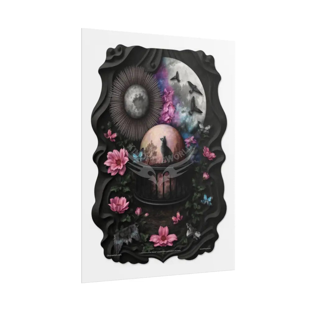 3D Magical Kitty Cat Dreams Magic MulitVerse Pop-Out Black Matte Moon & Sun Scenic Prints Poster