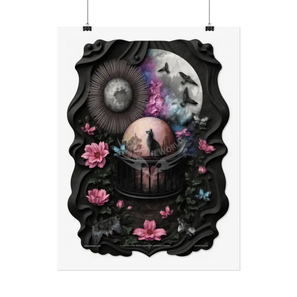 3D Magical Kitty Cat Dreams Magic MulitVerse Pop-Out Black Matte Moon & Sun Scenic Prints Poster