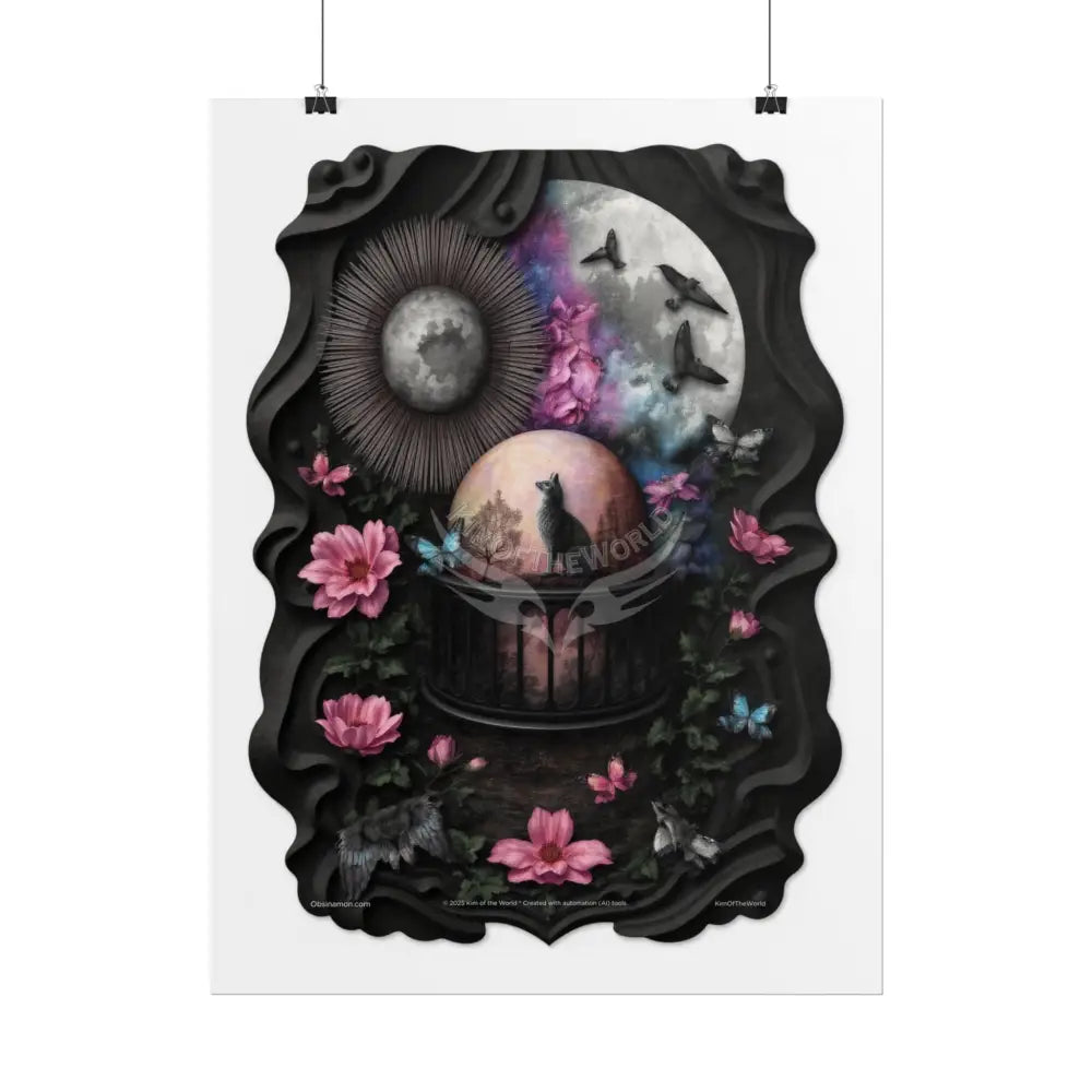 3D Magical Kitty Cat Dreams Magic MulitVerse Pop-Out Black Matte Moon & Sun Scenic Prints Poster