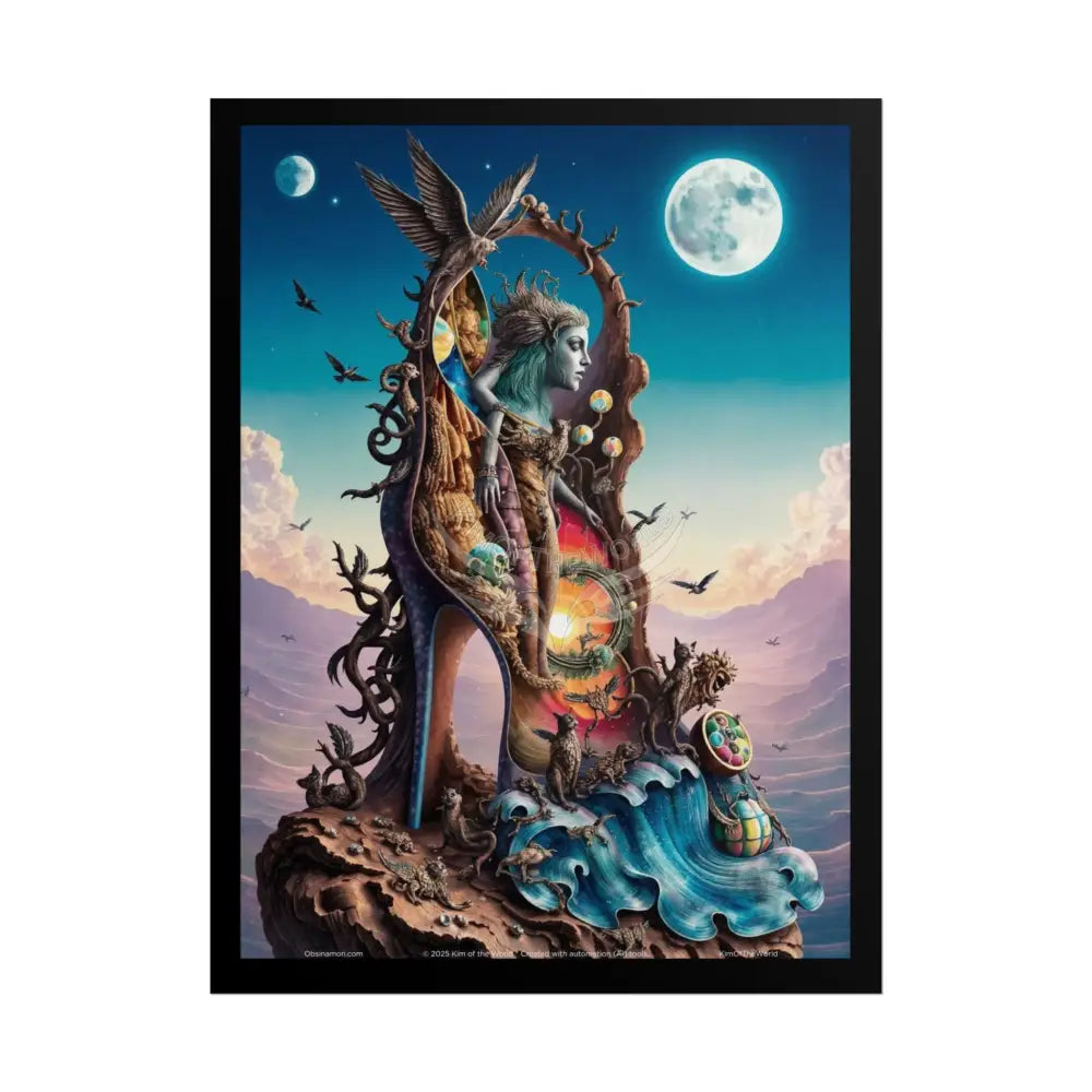 3D Magical Stiletto of Dreams Gothic Magic MulitVerse Pop-Out Black Matte Moon & Sun Scenic Prints 18″ x 24″ (Vertical)