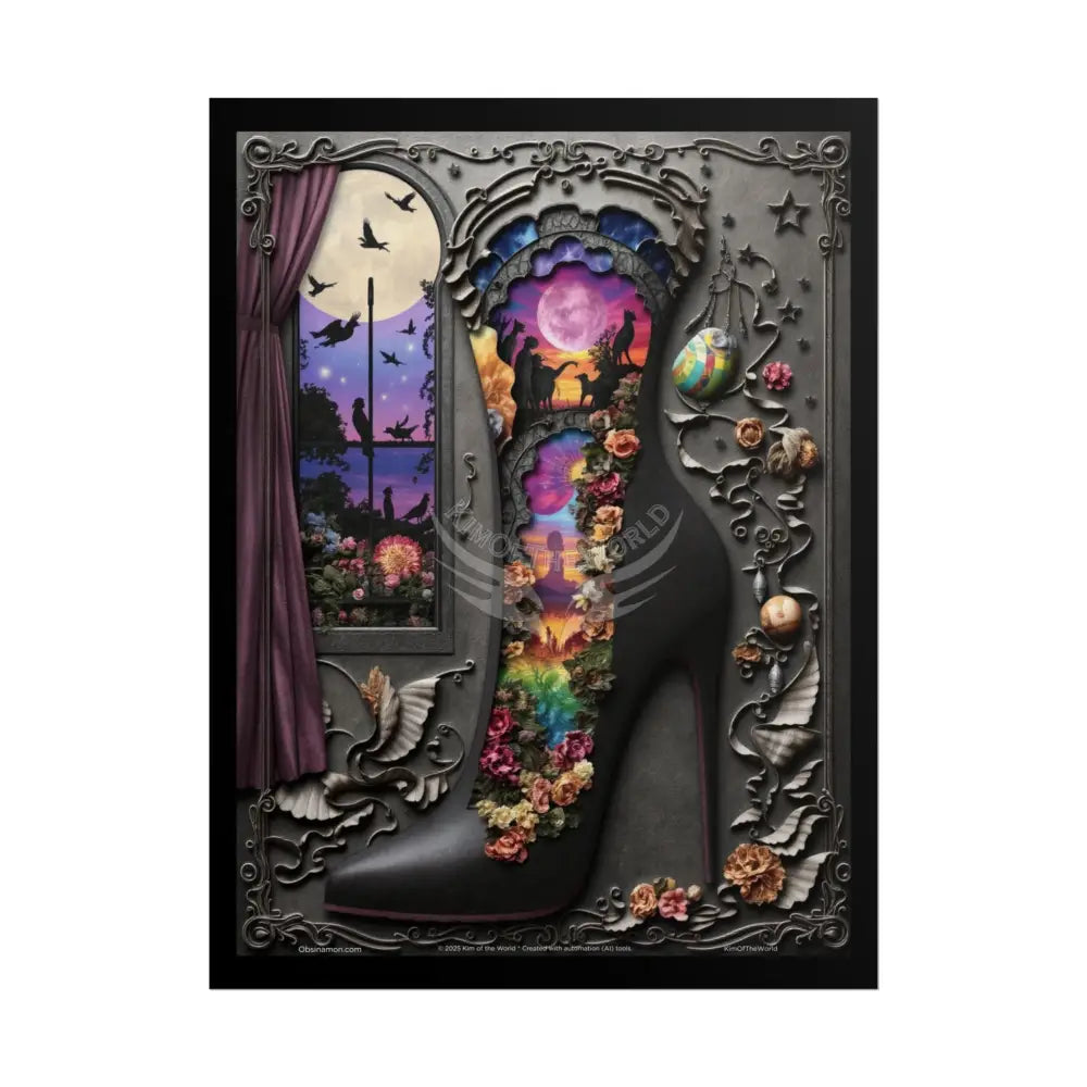 3D Magical Stiletto of Dreams Gothic Magic MulitVerse Pop-Out Black Matte Moon & Sun Scenic Prints 18″ x 24″ (Vertical)