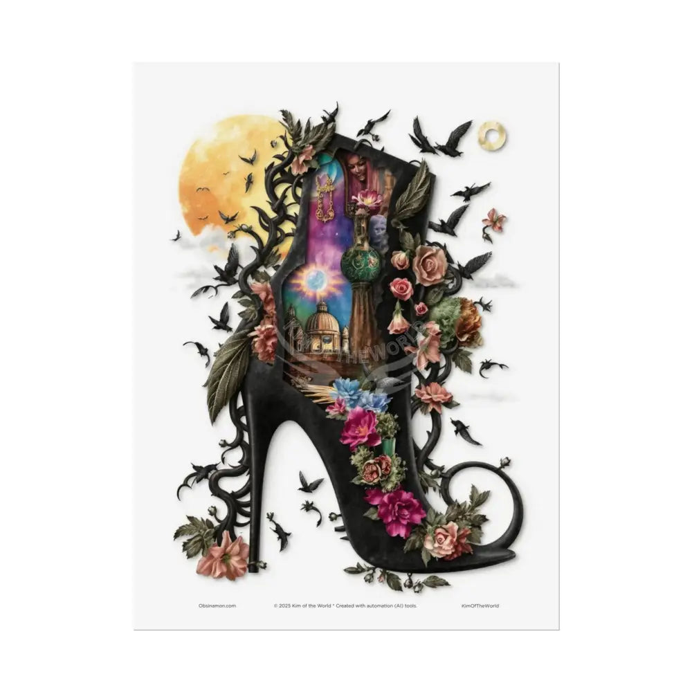 3D Magical Stiletto of Dreams Gothic Magic MulitVerse Pop-Out Black Matte Moon & Sun Scenic Prints 18″ x 24″ (Vertical)